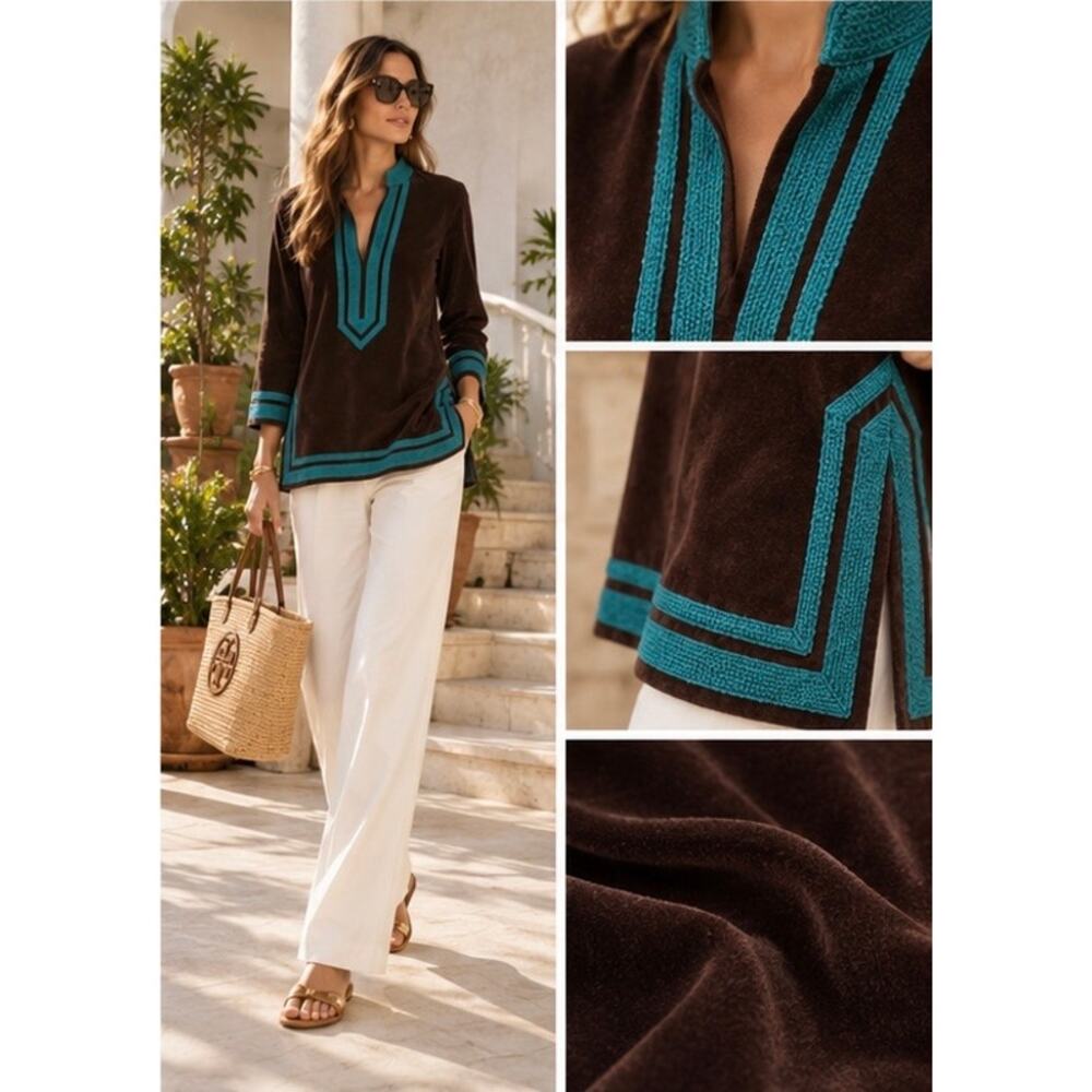 Tory Burch Brown Velour Tunic Top Teal Trim Size 8 Cotton Stretch - Picture 3 of 9